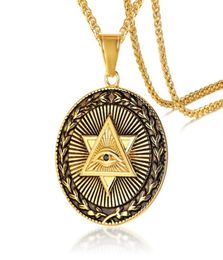 Pendentif Colliers Triangle Illuminati Tous Les Yeux Or Acier Inoxydable Collier Maçonnique Étoile De David Pendentifs Ronds Hommes Hip Hop Jewe4542173