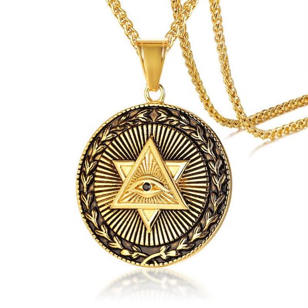 Collares colgantes Triángulo Illuminati Todos los ojos Oro Acero inoxidable Collar masónico Estrella de David Colgantes redondos Hombres Hip Hop Jewe296C