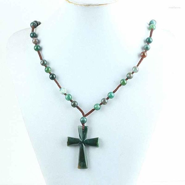 Collares colgantes Tumbeelluwa Natural Agate Stone Cross 9 mm Beads Collar de cuerda de punto Joyas para mujeres