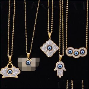 Pendentif Colliers Turc Bleu Mauvais Yeux Colliers Femmes Titane Acier Couronne Clé Fleur Animal Coeur Glacé Pendentifs Bijoux Fashi Dhl8R