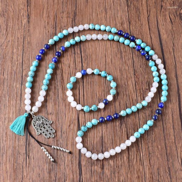 Collares colgantes Turquesa lapislázuli piedra natural mixta 108 cuentas de collar de larga palma y borla para mujeres boho yoga joyería