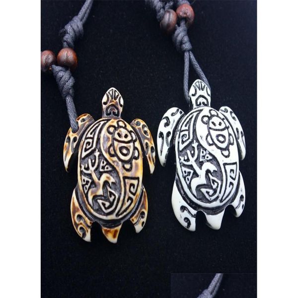 Collares pendientes Collar de tortuga Imitación tribal Hueso de yak Blanco Marrón Tallado Encantos Colgantes Amet Regalo vintage Bendición Lucky Drop Dhmvk