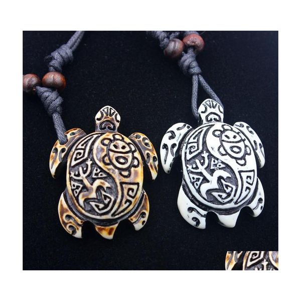 Pendentif Colliers Tortue Collier Tribal Imitation Yak Os Blanc Brun Sculpté Charmes Pendentifs Amet Vintage Cadeau Bénédiction Chanceux Goutte Dhqag