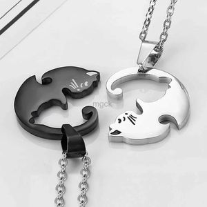 Colliers pendentif deux chats Couple colliers bijoux en acier inoxydable noir blanc chaton Animal pendentif collier ras du cou amoureux amitié cadeau 240330