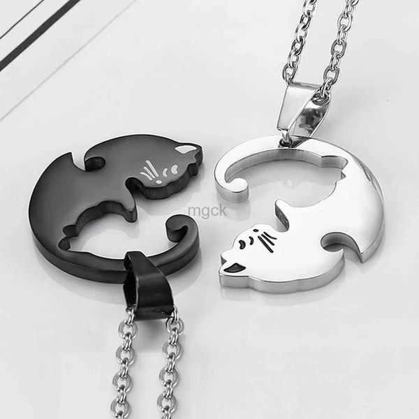 Collares colgantes Dos gatos Pareja Collares Joyería Acero inoxidable Negro Blanco Gatito Animal Colgante Gargantilla Collar Amantes Amistad Regalo 240330