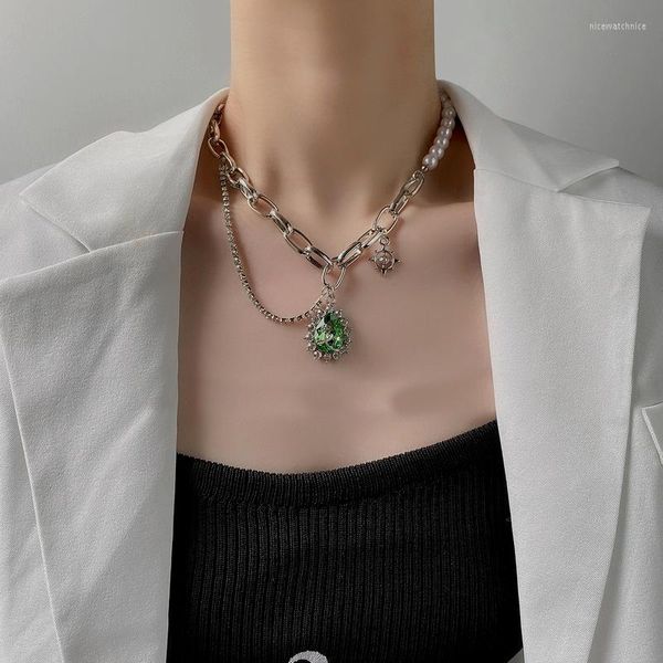 Pendentif Colliers U-Magical Asymétrique Vert Waterdrop Strass Collier Pour Femmes Mode Imitation Perle Chunky Chaîne Bijoux