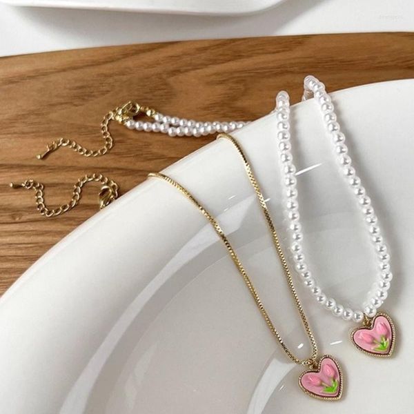 Collares pendientes U-Magical Korean Fairy Pink Tulip Flowers Collar para mujer Love Heart Metal Simulación Perla Beaded Jewelry