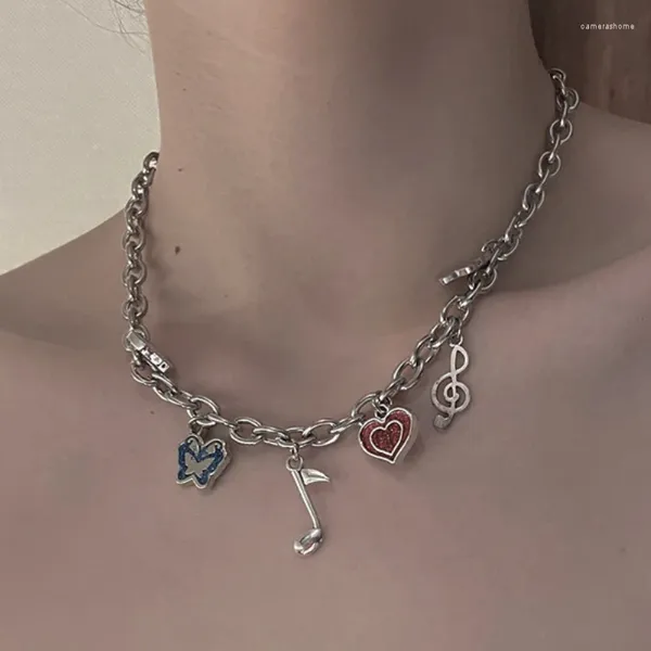 Pendentif Colliers U-Magical Vintage Papillon Musique Note Asymétrie Collier Pour Femmes Élégant Amour Coeur Chunky Chaîne Bijoux