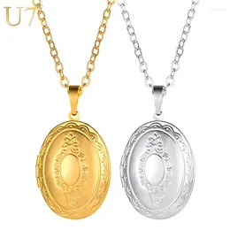 Collares colgantes U7 18K Oro Color de plata Collar de medallón ovalado abierto para mujer Forma de huevo Planta en relieve Marco de soporte personalizado