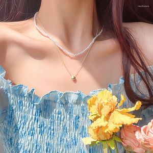 Colliers pendentifs Design unique Collier de perles à double couche pour femmes Chaîne de collier carré Coréen Élégant Revêtement en métal Géométrique Chaîne de cou
