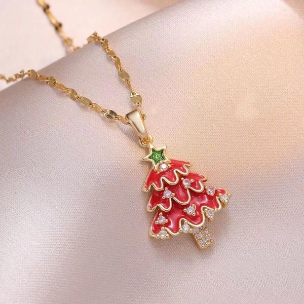 Pendentif Colliers Unique Émail Rouge Cristal Collier D'arbre De Noël Pour Les Femmes Année En Acier Inoxydable Clavicule Chaîne Cadeau