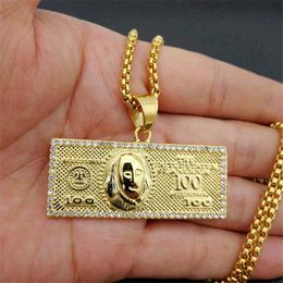 Pendant Necklaces US 100 Dollar argent colliers pendentifs mâle en acier inoxydable couleur or chaîne pour hommes strass Hip Hop Bling bijoux Collier T230413