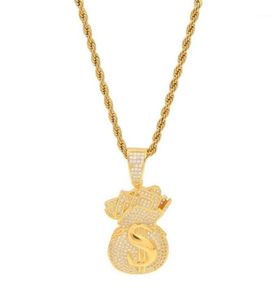 Hanger kettingen US Dollar Money Bag Hoogwaardige kubieke zirkonia Iced Gold Chains for Men039s Hip Hop Necklace Sieraden GIF9013772594