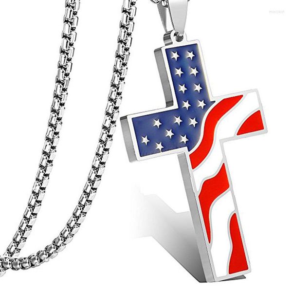 Pendentif Colliers USA Drapeau Argent Plaqué Croix Collier En Acier Inoxydable Américain Jésus Religion Amulette Bijoux Chrétiens Goutte