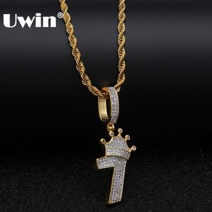 Collares pendientes Uwin Bling Número 7 con collar de corona para hombres Full Iced Cubic Zircon Charm Silver-plate Chain Pendant Hiphop Jewelry 230607