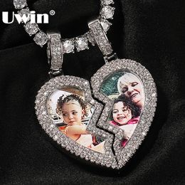Collares colgantes UWIN Corazón roto Medallón Imagen Iced Out CZ Medio encantos magnéticos Joyería de moda para los amantes 230506