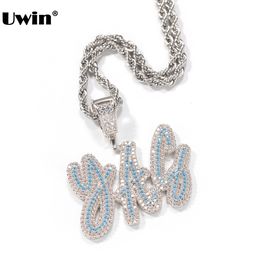 Pendentifs Colliers Uwin personnalisé nom collier Double couche Cursive Script bleu/blanc CZ lettres pendentif glacé pendentif goutte 230901