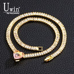 Collares pendientes Uwin Pink Heart Necklace Full Iced Out Square Zirconia Tennis Chain para mujer Accesorios y2k Charm Link 230607