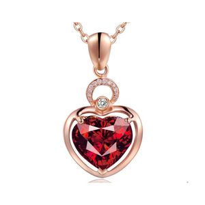 Collares colgantes Valentine Ladies Red Garnet Heart Crystal Collar de lujo Chica Joyería Cadena Drop Entrega Colgantes Dhvtr