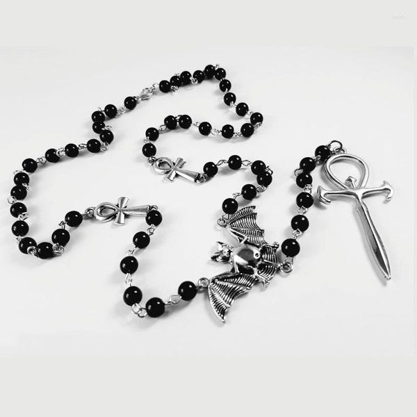 Pendentif Colliers Vampire Ankh Perles Chaîne Collier Rosaire Occulte Vamp Goth Bat Égyptien Trad Bijoux Cadeau Fait À La Main