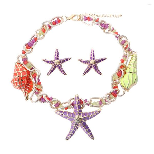 Collares pendientes Vedawas púrpura esmalte estrella de mar collar para mujer bohemio colorido decoración Shell con gargantilla de piedra joyería