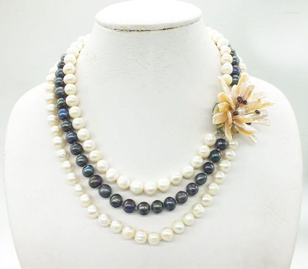 Colliers pendentif très beau 3 rangées naturel blanc noir 10-11mm collier de perles d'eau douce