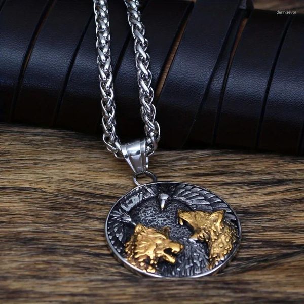 Colliers pendants Viking Retro Nordic Double Wolf et Crow Collier pour hommes Femmes Personnalité Bijoux