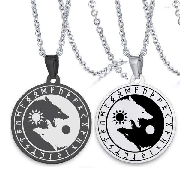 Collares colgantes vikingo de acero inoxidable adivinación letra Yin y Yang Lobo cadena mujeres/hombres Color negro collar joyería