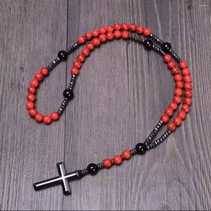 Pendentif Colliers Vintage 8mm Pin Rouge Pierre Christ Rosaire Hématite Croix Collier Pour Hommes Femmes Bijoux En Gros Goutte