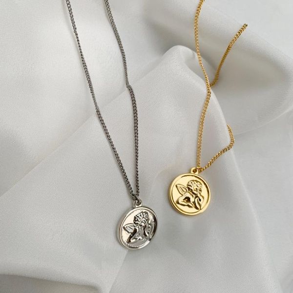 Pendentif Colliers Vintage Angel Médaille Collier Gold Coin Mignon Chérubin En Relief Petit Bébé Aile Charms Chaîne BijouxPendant