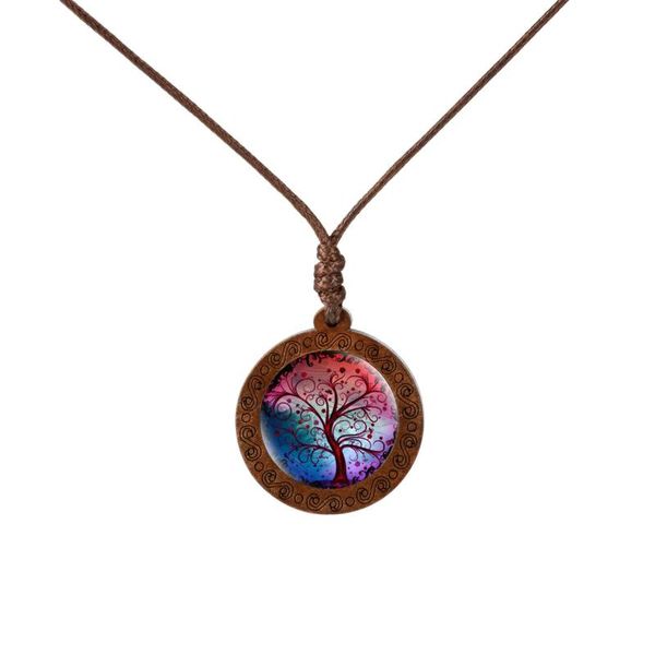 Pendentif Colliers Vintage Art Arbre Peinture Verre Cabochon La Vie Bijoux Corde Chaîne En Bois Charme Déclaration Collier Cadeaux N052