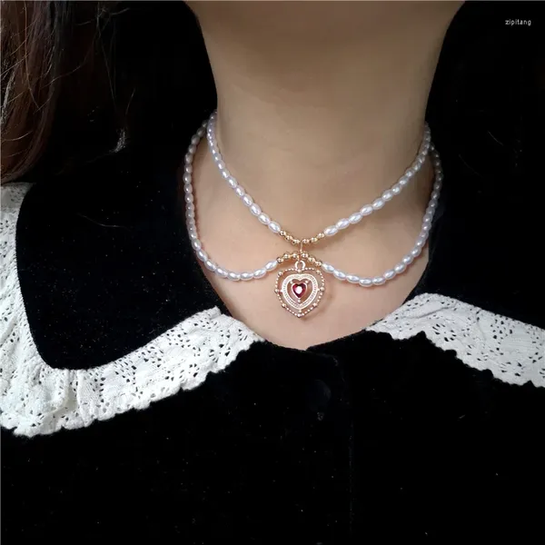 Pendentif Colliers Vintage Baroque Esthétique Coeur Zircon Perle Chaîne Collier Ras Du Cou Pour Femmes Y2K Bijoux De Fête Cadeaux De Noël