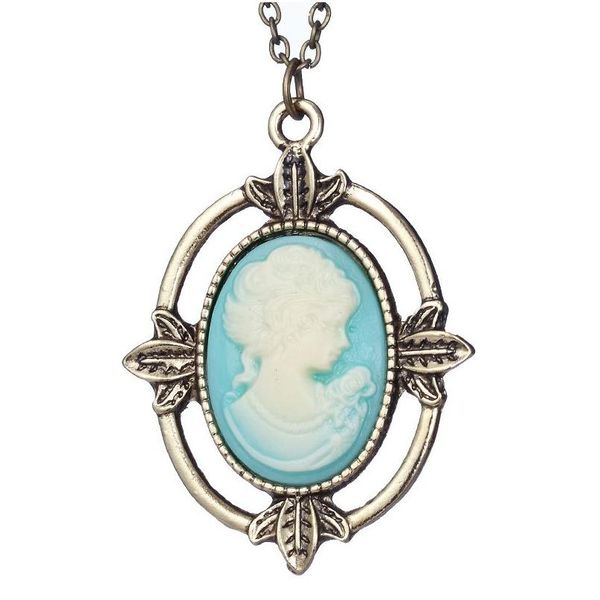 Pendentif Colliers Vintage Bronze Light Blue Cameo Collier The Vampire Diaries Katherine Beauty Head Portrait Long Chain Drop Delive Dhruv