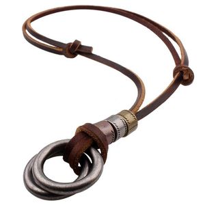 Colliers pendentif Vintage marron en cuir véritable double anneau collier de lunettes réglable pendentif