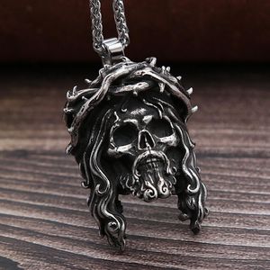 Pendentif Colliers Vintage Christian Couronne D'épines Jésus Collier Hommes En Acier Inoxydable 316L Biker Crâne De Mode BijouxPendentif