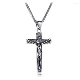 Collares pendientes Vintage cristiano Jesús Cruz collar para hombres crucifijo católico Acero inoxidable joyería Iglesia oración accesorio LN3026