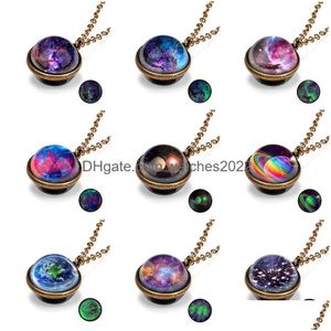 Colliers pendants Vintage Colorf Galaxy Universe Collier rond Glow dans la Balle de verre Dark Metal Link Link Chain Choker Fashion Bijoux Gi Dhpnj