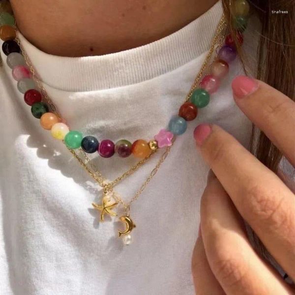 Collares colgantes Caborrilla de vidrio colorido con cuentas Mujeres lindas estrellas de estrellas estrellas de estrella estrella de marea de perlas simples cadenas de clavículas de cristal joyas