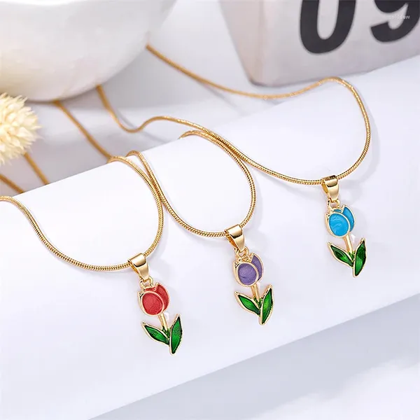 Colliers pendants Collier de fleur de tulipe colorée vintage pour femmes filles élégants fashion or couleur clavicule chaîne boucles esthétique bijoux