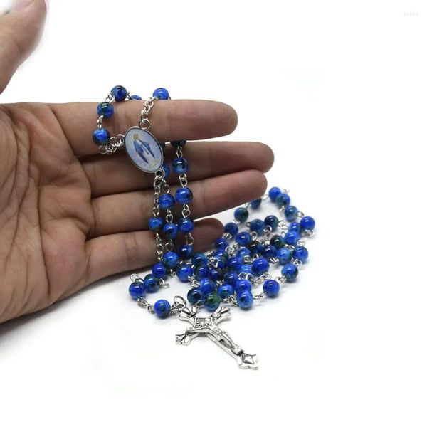 Pendentif Colliers Vintage Croix Rosaire Collier 6mm Ronde Perles de Verre Bleu Vierge Marie Jésus Femmes Bijoux Religieux Catholique