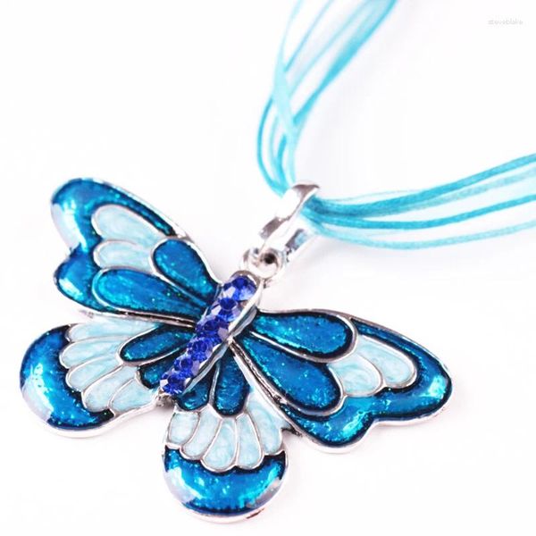 Pendentif Colliers Vintage Cristal Émail Alliage Papillon Collier Pour Femmes Noir Bleu Rouge Violet Bijoux Cadeaux