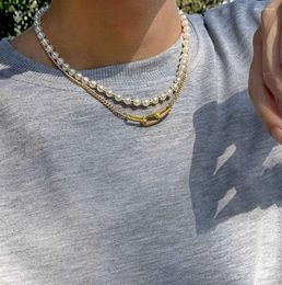 Collares colgantes Vintage Doble capa Collar de perlas de imitación para mujeres Hombres Estilo Hip Hop Declaración de cadena geométrica