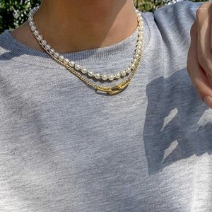 Collares pendientes Vintage doble capa collar de perlas de imitación para mujeres hombres estilo Hip Hop cadena geométrica declaración gargantilla regalo de la joyería