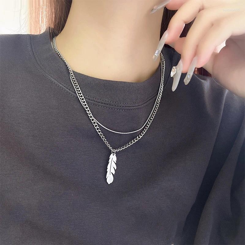 Pendant Necklaces Vintage Double Layer Necklace Men Feather Male Leaf Boho Summer Stainless Steel Jewelry