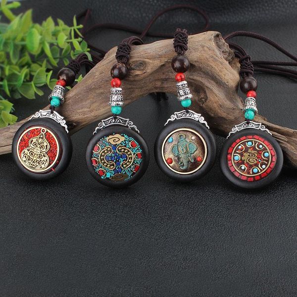 Pingente colares vintage étnico artesanal lótus ébano thangka pingentes elefante peixe declaração nepal colar mulheres homens sorte jóias