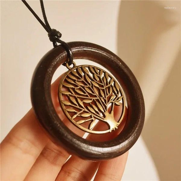 Pendentif Colliers Vintage Style Ethnique Femmes Cercle En Bois Grand Arbre Collier Long Chandail Chaîne Charme Bijoux Cadeau Pour Festival