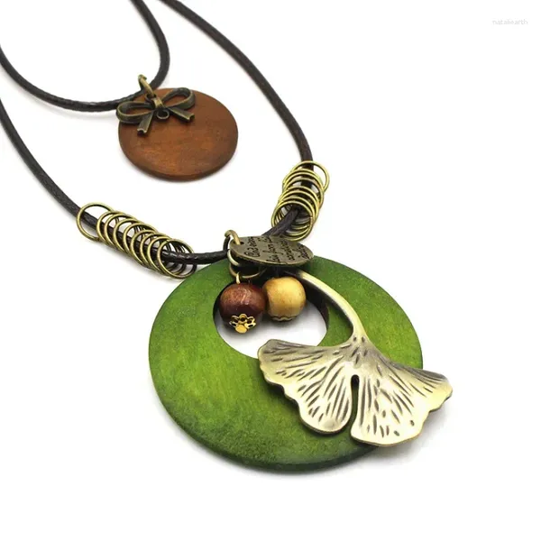 Pendentif Colliers Vintage Style Ethnique Collier En Bois Pour Femmes Grande Feuille Ronde Chandail Chaîne Bijoux De Mode