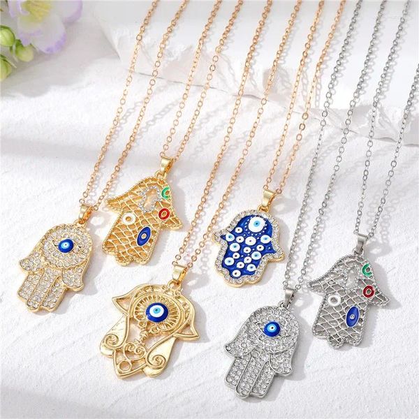 Collares colgantes Vintage exagerado grande Hamsa Fátima collar de mano para mujeres Zircon ojo turco palma gargantilla cadena joyería AN130