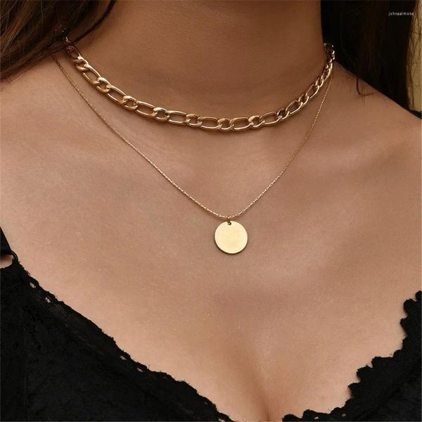 Pendentif Colliers Vintage Mode Boho Plaqué Or Punk Plat Épais Chaîne Collier Rond Pour Femmes Collier À Plusieurs Niveaux Bijoux Cadeau De Fête