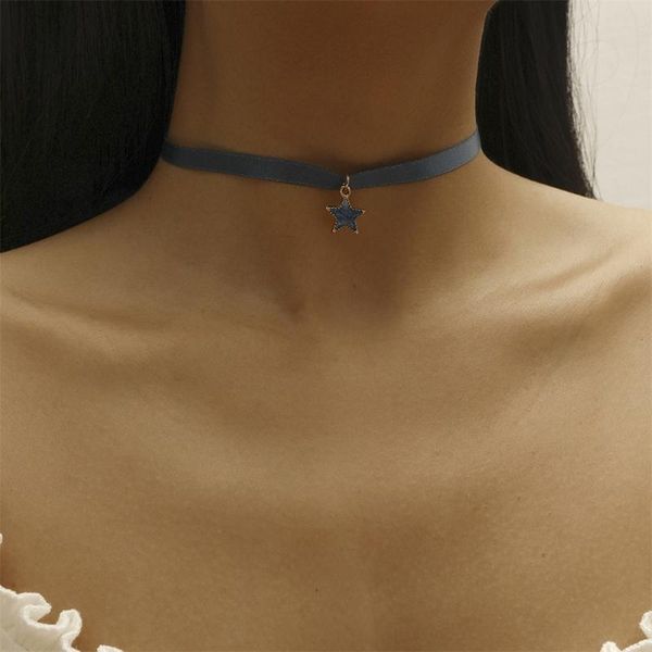 Colliers pendants Fashion vintage Collier étoile de mer de ruban bleu foncé pour femmes Femme Femme Simple Pentagram Choker Jewelry Party